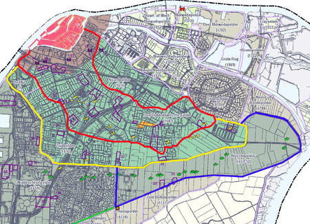 Oud Dubbeldamse Polder (rood), Zuidpolder (geel), Alloyse- of Bovenpolder (blauw)